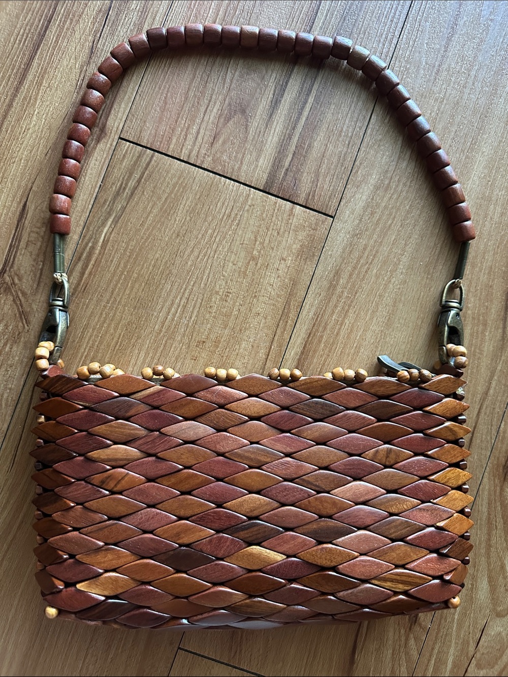 Woven Wooden Bead Shoulder Bag in Brown - Picture 2 of 5